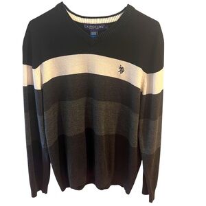U.S. Polo Association Black, Gray, and Cream Striped V-Neck Sweater. Size= Large